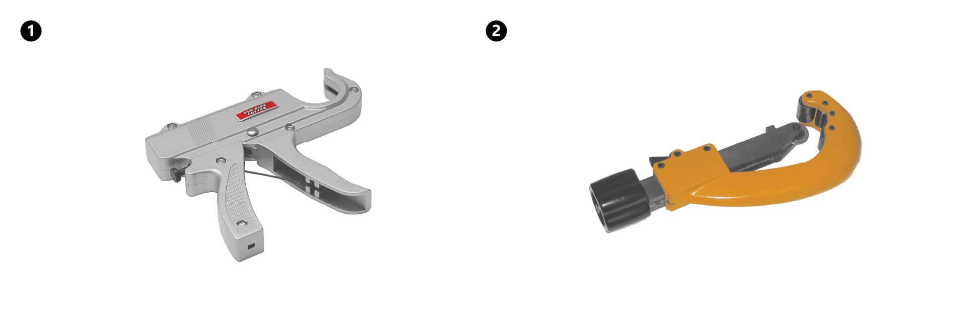 KAN-therm – Systém ultraPRESS – Fotografie pištoľových nožníc pre priemery rúrok 14-32 mm a kruhových nožníc pre priemery 16-63 mm.